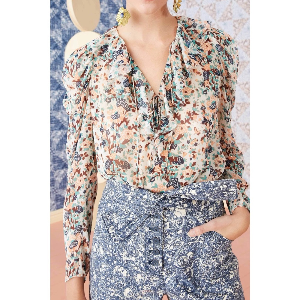 ULLA JOHNSON Astrid Floral Lurex Ruffle Blouse in Orange Cream Gardenia Sz 2